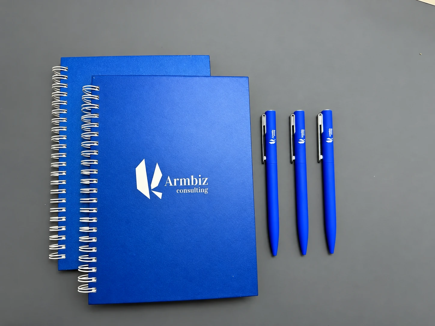 Armbiz consulting-ի կապույտ պարուրաձև նոթատետրերն ու բրենդային գրիչները