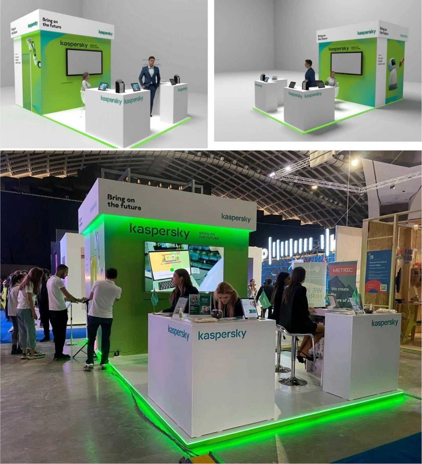Kaspersky տաղավարի երկու 3D պատկերն ու պատրաստի կանաչ լուսավորմամբ տաղավարի լուսանկարը