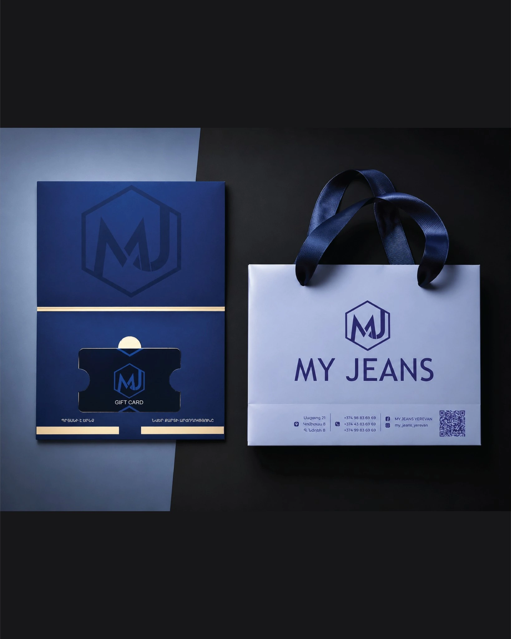 White MY JEANS branded bags with blue ribbon handles. The second photo shows a gift card, its blue packaging and a bag from the same brand.