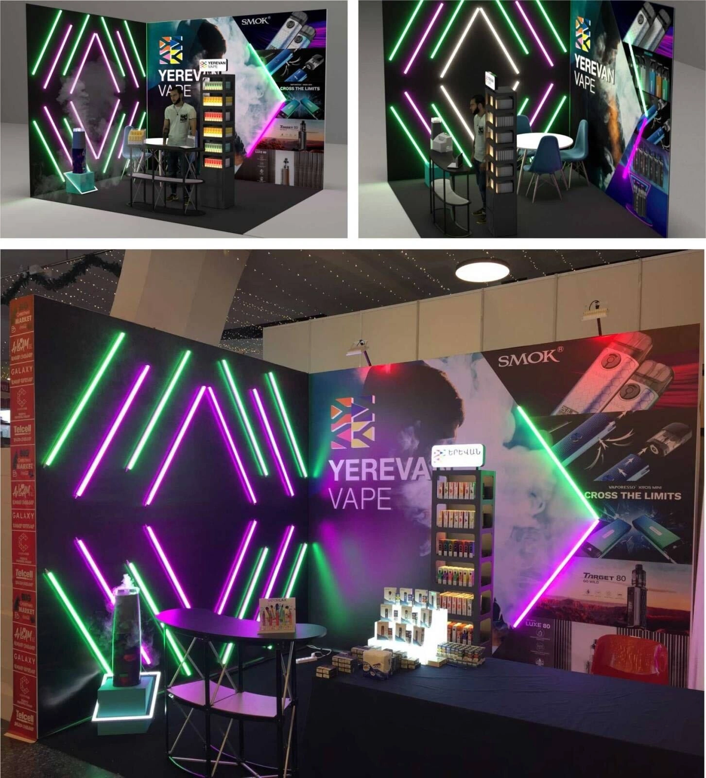A black booth with green, purple and white linear lighting, branded walls and display shelves. The collage combines two 3D design views with a photograph of the completed booth.